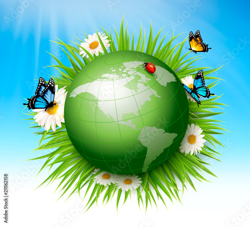  Ecology concept.Green Globe and Grass with Flowers. Vector illustration.
