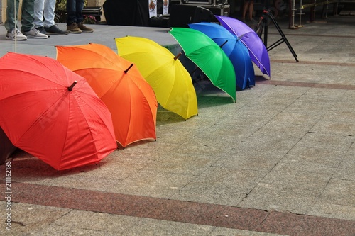 Rainbow flag of umbrellas in the town hall