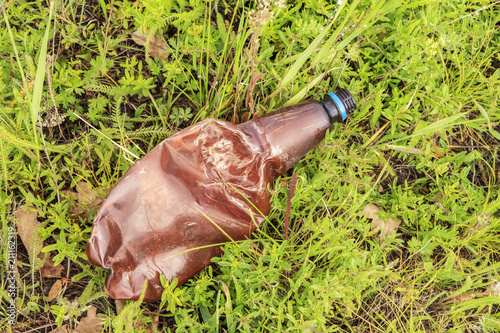 Empty plastic bottle on green grass. Concept of environmental protection © shyrlow