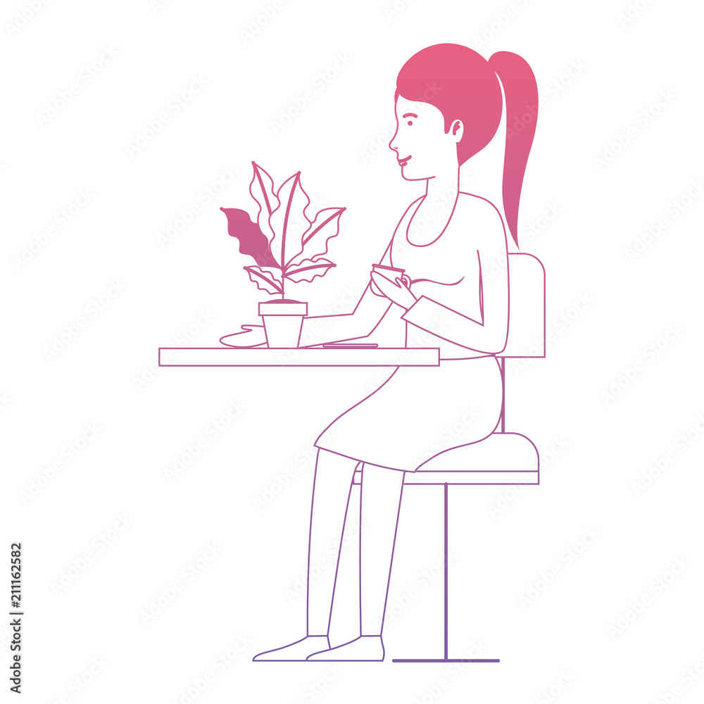 woman in the table drinking coffee with house plant vector illustration design woman in the table drinking coffee with house plant vector illustration design