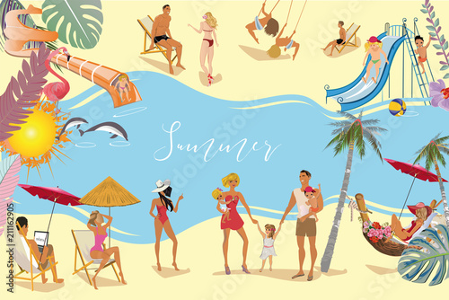 Series of summer backgrounds with blue sky and sea water, sun. People sunbathing on the beach. Hand drawn card illustration.
