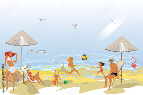 Series of summer backgrounds with blue sky and sea water, sun. People sunbathing on the beach. Hand drawn card illustration.