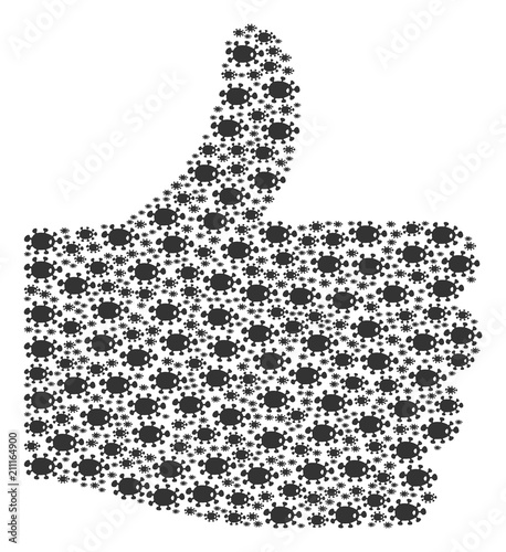 Good mark mosaic created with bacteria items in variable sizes. Abstract vector thumb finger up illustration. Bacteria icons are organized into best mark figure.