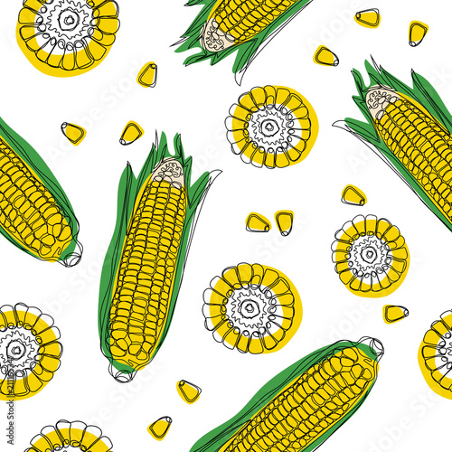 Yellow corncobs with green leaves seamless pattern. Ripe corn vegetables. Vector illustration.