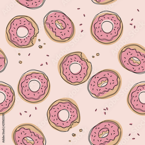 Donuts vector seamless pattern. Cute sweet food baby background. Colorful design for textile, wallpaper, fabric, decor.