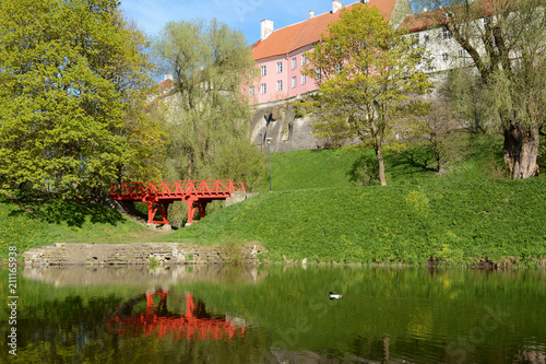 Red footbridge by Snelli Tiik pond in Tallinn, Estonia photo