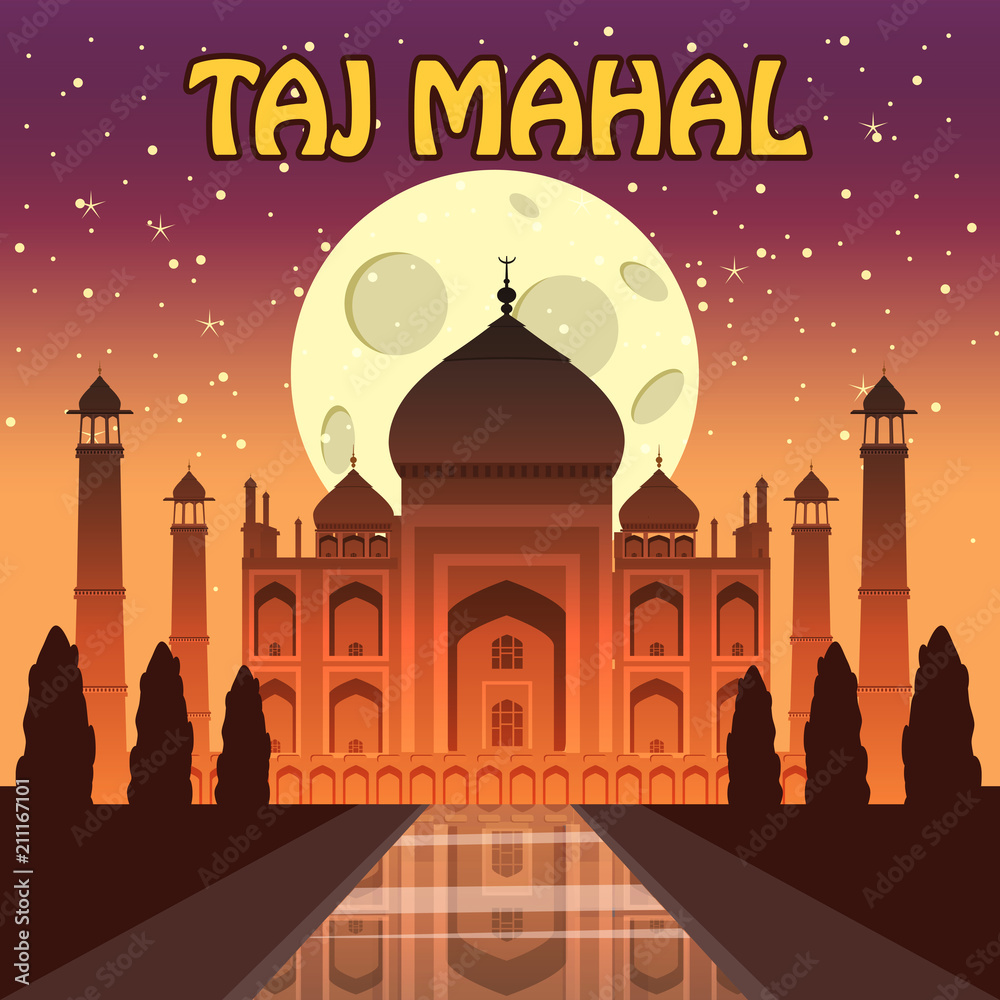 The Taj Mahal. White marble mausoleum on the south bank of the Yamuna river in the Indian city of Agra, Uttar Pradesh. Starry sky. Night. Vector illustration.