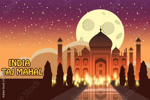 The Taj Mahal. White marble mausoleum on the south bank of the Yamuna river in the Indian city of Agra, Uttar Pradesh. Starry sky. Night. Vector illustration.