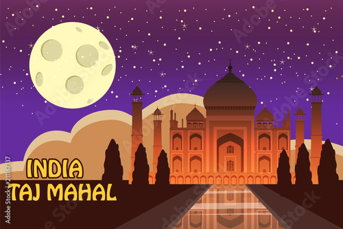 The Taj Mahal. White marble mausoleum on the south bank of the Yamuna river in the Indian city of Agra, Uttar Pradesh. Starry sky. Night. Vector illustration.