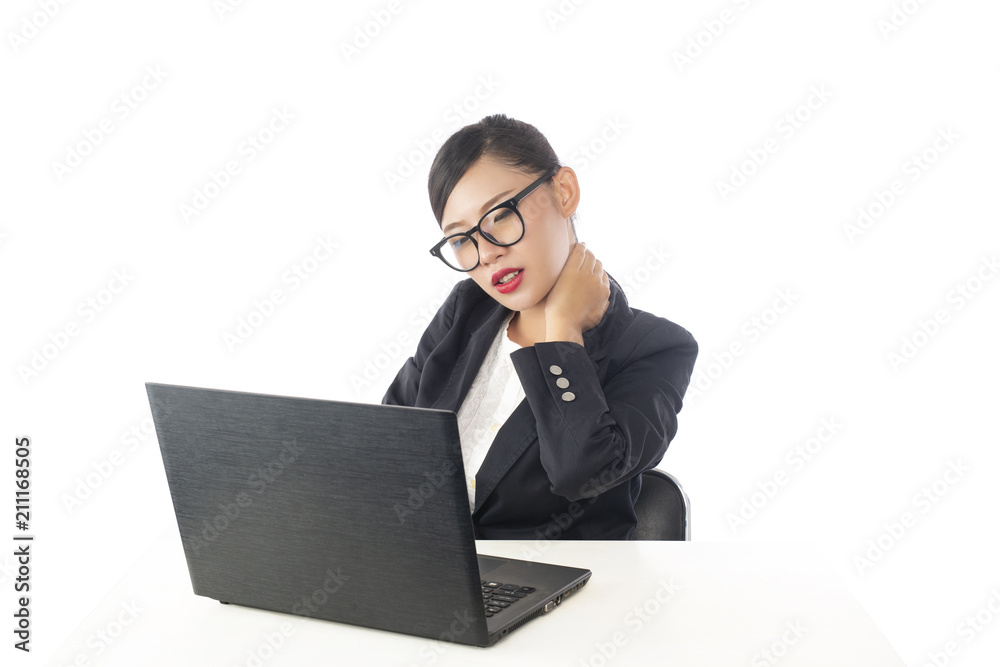 Business young woman suffering from ache pain isolated on white background. Business young woman suffering from ache pain isolated on white background.