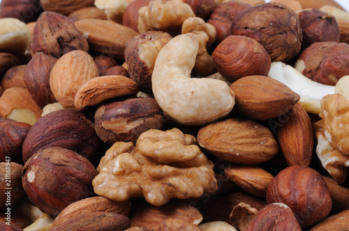 Mix of nuts close-up. Front view.