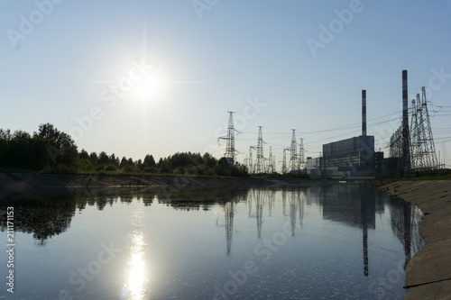 Landscape - view of the thermal power station on the side of the cooling channel