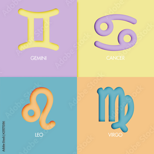 Paper art style zodiac sign background, gemini, cancer, leo, virgo, abstract design, modern paper cut graphic vector and illustration