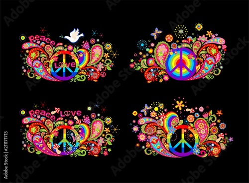 Colorful t shirt prints collection with hippie peace symbol, flying dove with olive branch, abstract flowers, mushrooms, paisley and rainbow on black background