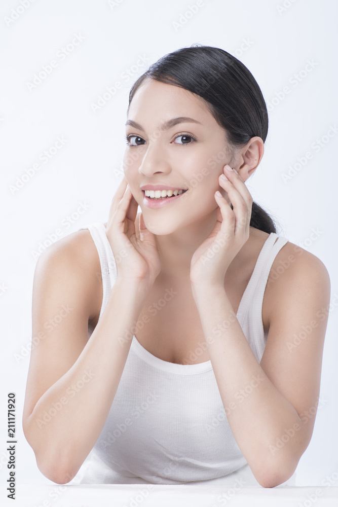 beautiful young caucasian woman with dark long hair being half naked, laughing, looking in camera with delight and happy face expression. Beauty and health. beautiful young caucasian woman with dark long hair being half naked, laughing, looking in camera with delight and happy face expression. Beauty and health.