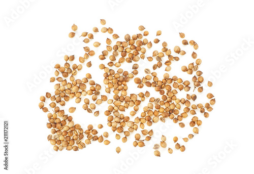 Coriander seeds isolated on white background, top view.