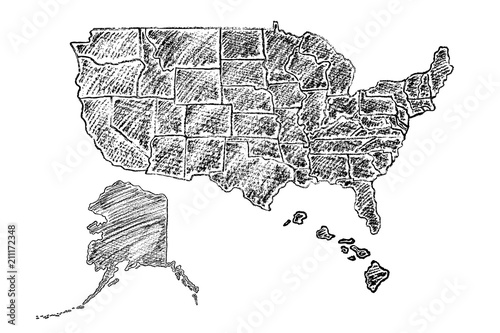 Hand drawn map of United States of America (USA) painted with charcoal pencil. Black and white vector illustration isolated on white background.
