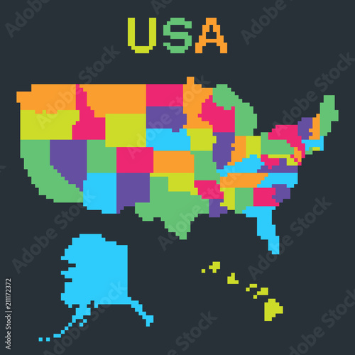 Map of United States of America in 8 bit pixel art style with Alaska and Hawaii. Color vector illustration