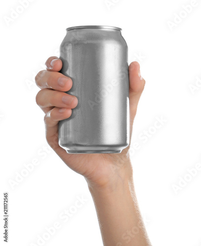 Woman holding aluminum can with beverage on white background
