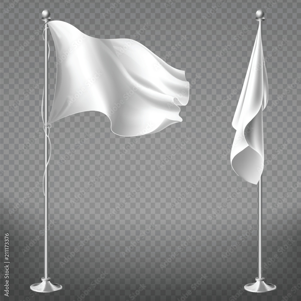 Obraz premium Vector realistic set of two white flags on steel poles isolated on transparent background. Blank waving banner on flagpole, fabric with empty space for advertising messages. Mockup for your design