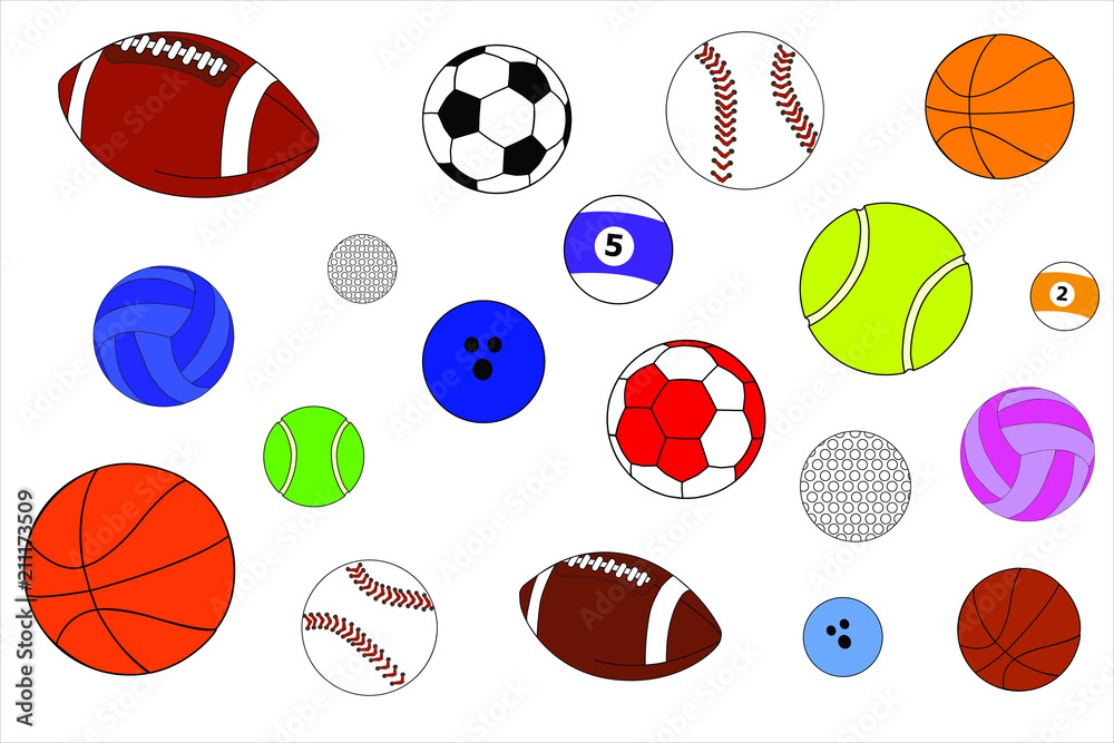 Collection/set of diverse types of sports balls Stock Vector | Adobe Stock