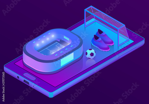 Vector 3d isometric ultraviolet smartphone with football stadium and equipment - boots, goal. Sport app on display of electronic device for betting, watching live. Digital technology in purple colors