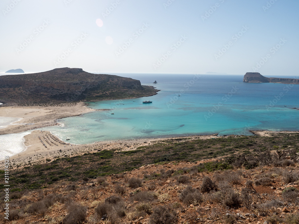 Color seascape of the beautiful Balos Lagoon separated from the homonym bay by a strip of sand that joins the promontory of Corico to Capo Tigani on the island of Crete in Greece. June, 2018