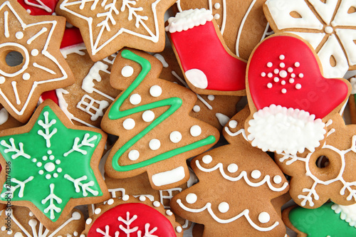 Tasty homemade Christmas cookies as background