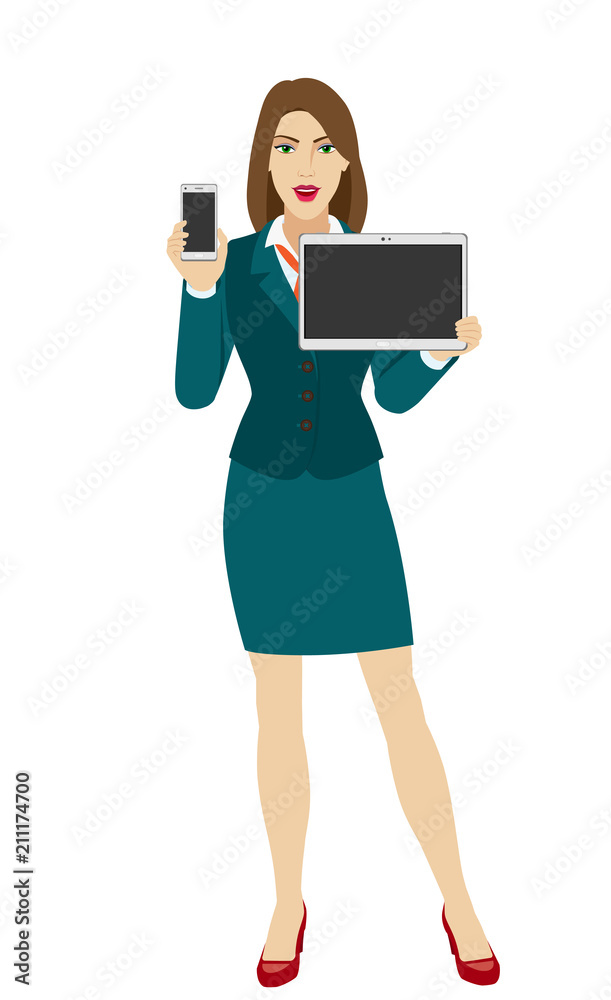 Businesswoman holding a mobile phone and digital tablet PC Businesswoman holding a mobile phone and digital tablet PC