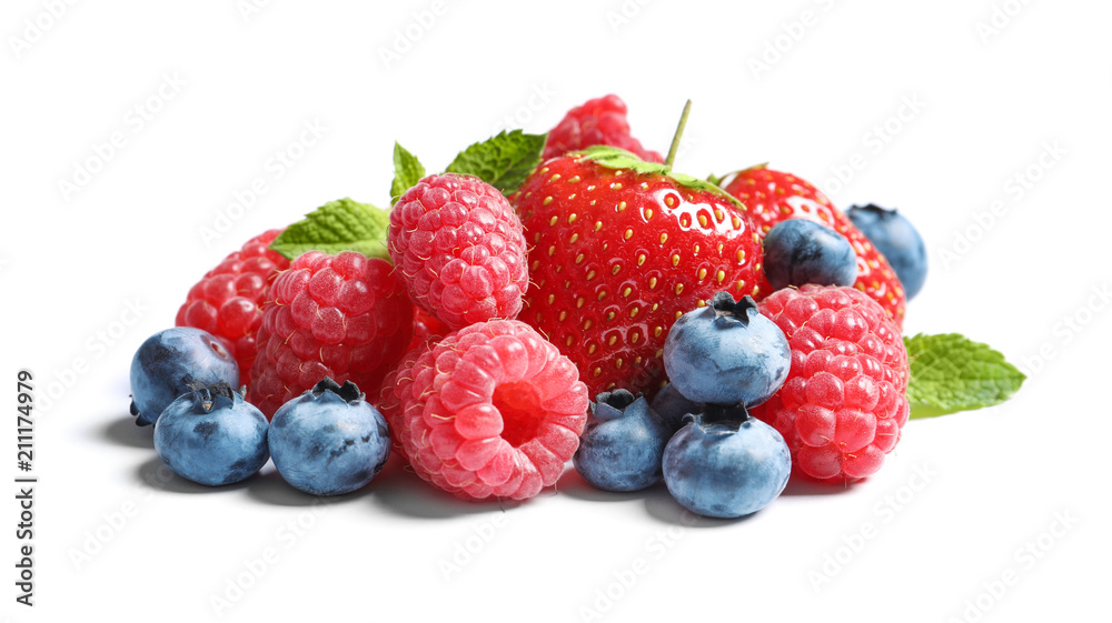 Raspberries, strawberries and blueberries on white background Raspberries, strawberries and blueberries on white background