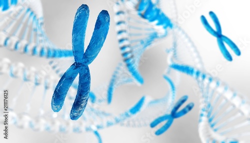 X chromosome against the background of DNA. Chromosomes and DNA.
3D rendering photo