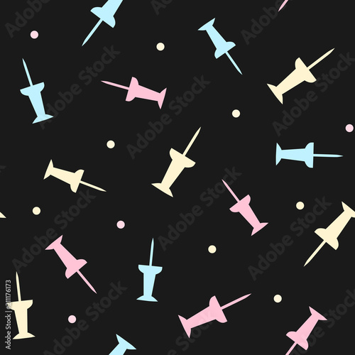 Seamless pattern color background with pink, yellow and blue drawing pins on black. Vector seamless stationery illustration 