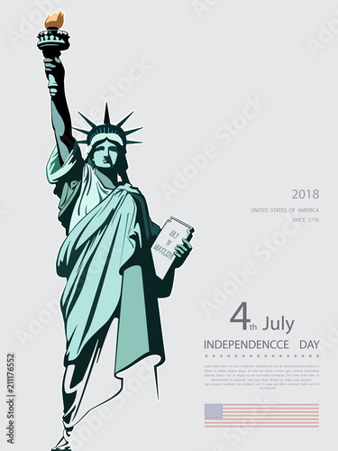 Poster. Green Linear Picture. Independence Day, USA. Statue of Liberty, book. 2018. National Symbol of America. Illustration,gray, background. Use presentations, corporate reports, text, postcards,vec