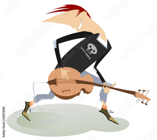 Cartoon guitar player illustration isolated. Smiling guitarist is playing music on electric guitar with the great inspiration isolated on white illustration
