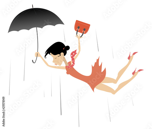 Strong wind and woman isolated illustration. Woman taken up with the wind tries to keep an umbrella and handbag isolated on white illustration 

