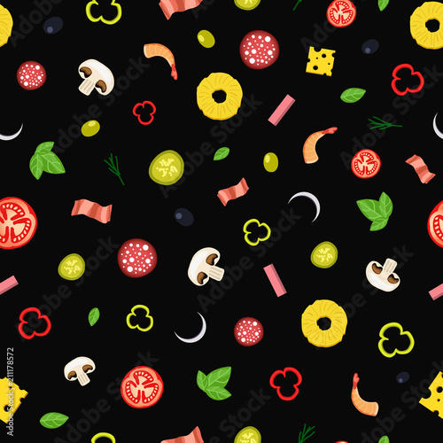 Vector seamless pattern with italian pizza ingredients
