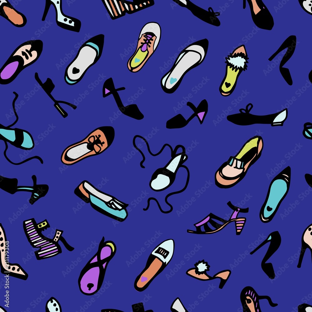 Woman's shoes colorful seamless pattern on blue background. Vector illustration. flats, pumps, heels, wedges, sandals, flatform, mules.