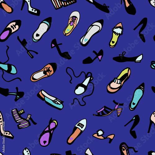 Woman's shoes colorful seamless pattern on blue background. Vector illustration. flats, pumps, heels, wedges, sandals, flatform, mules.