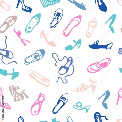 Woman's shoes vector seamless surface pattern: flats, pumps, heels, wedges, sandals, flatform, mules.