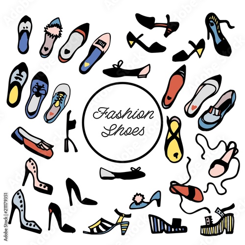 Women's shoes collection: flats, pumps, heels, wedges, sandals, flatform, mules. Vector illustration from ink sketch.