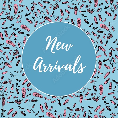 New arrivals banner on blue background with various shoes. For store ad, fashion concepts.