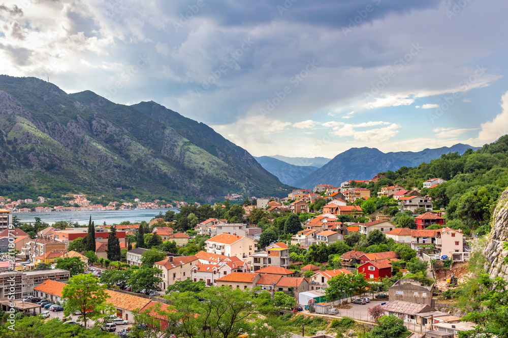 Panoramic view, old city Kotor in Adriatic sea coastline and mountains in Montenegro, gorgeous nature landscape