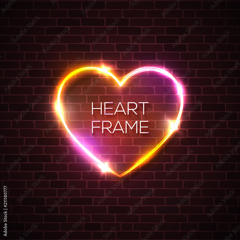Night club pink red heart neon realistic sign. 3d retro light signage with shining neon effect. Techno frame with glow on dark brick texture wall background. Electric banner. Color vector illustration