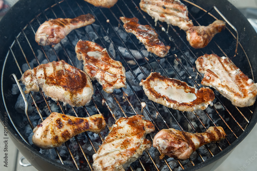 Delicious Grilled Pork and Chicken Meat over the Coals on a Barbecue. Picnic Party.
Delicious Grilled Pork and Chicken Meat over the Coals on a Barbecue. Picnic Party.