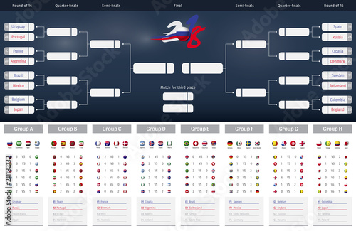 Football/soccer Match schedule vector illustration with last table score, standings and round of 16 large. Tableau des Matches - RUSSIE 2018
