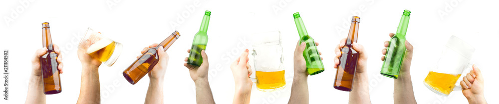 Bunch Of Hands Holding Ice Cold Wet Brown And Green Beer Bottles And Big Mugs Isolated On White Background Bunch Of Hands Holding Ice Cold Wet Brown And Green Beer Bottles And Big Mugs Isolated On White Background