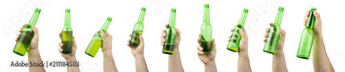 Bunch Of Hands Holding Ice Cold Wet Green Beer Bottles From Full To Empty Isolated On White Background