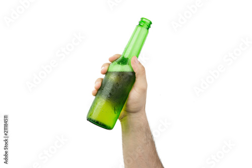 Hand Holding Ice Cold Wet Green Beer Bottle Isolated On White  Background