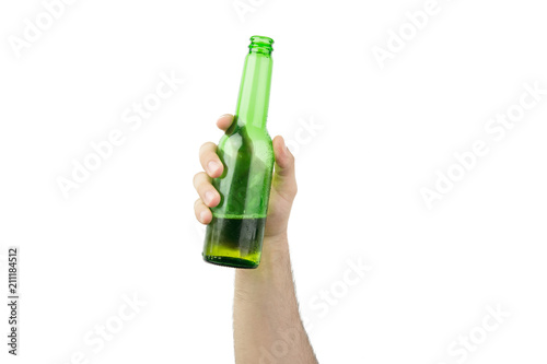 Hand Holding Ice Cold Wet Green Beer Bottle Isolated On White  Background