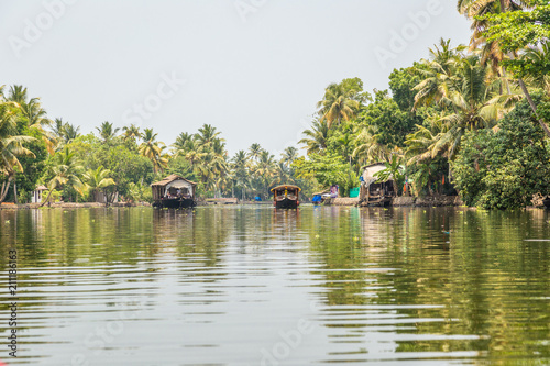 Boat riding trough the canals and palm trees, Allepey backwaters, Kerala, India photo